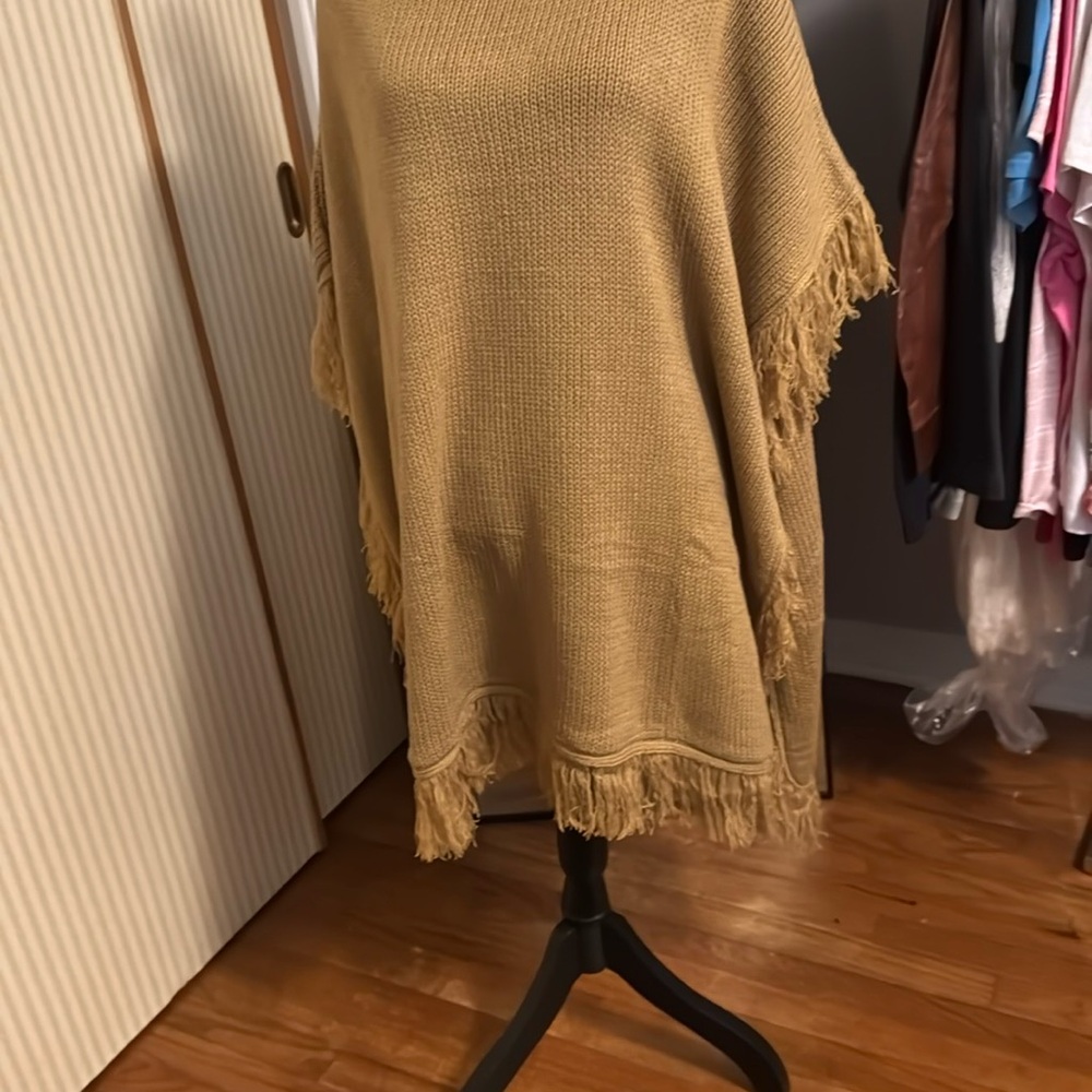 Treska Tan Knit Poncho with Fringe